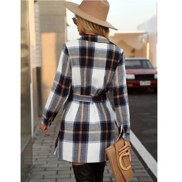 Plaid Long Sleeve Button Front Tie Belted Short Shirt Style Dress - Picture 3 of 11